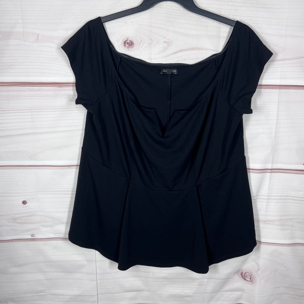 Lane Bryant Peplum Top Women 22 24 Black Notch Neck Short Sleeve Stretch Solid